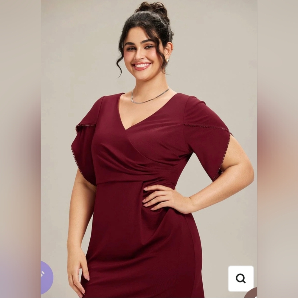 Burgundy V-Neck Maxi Dress, Tulip Sleeves, Adjustable Side Slit Sz 16 - Picture 2 of 14